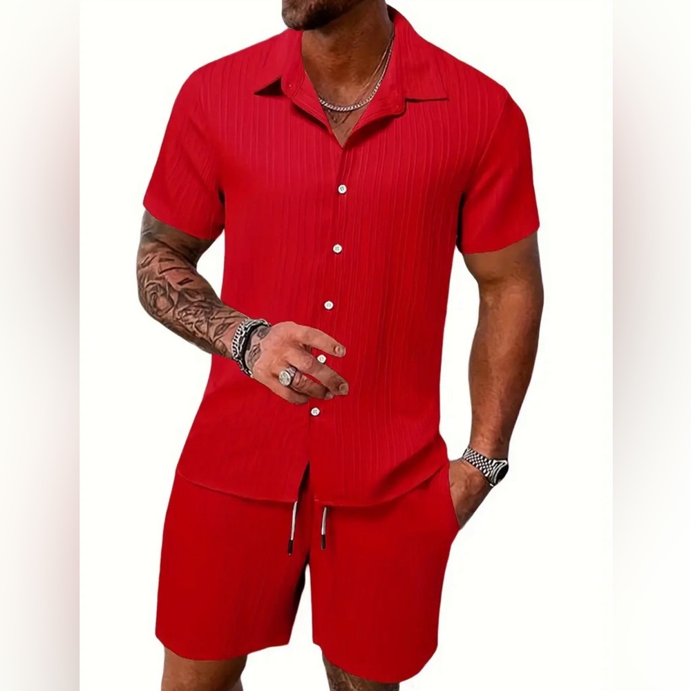 Men's Casual Stand Collar Short Sleeve Stripe Shirt And Drawstring Shorts Set